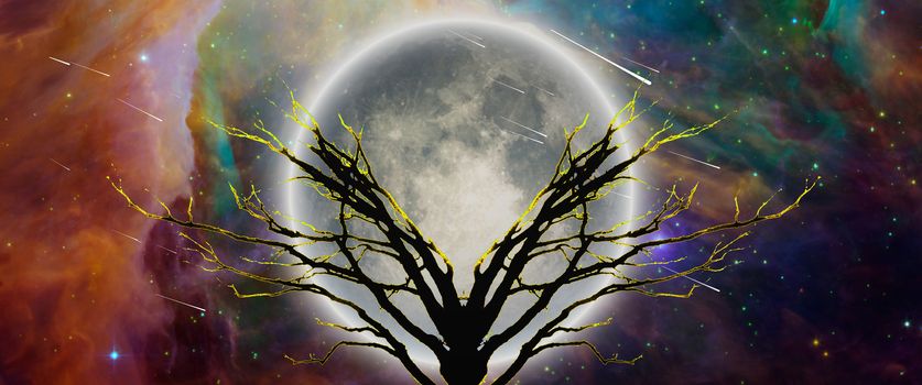 Mystic tree in moonlight. Vivid universe