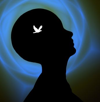 Hope. Symbolic composition. White dove silhouette inside human head