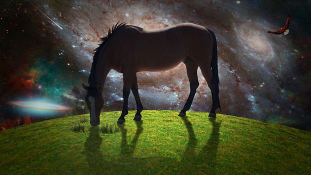 Horse in green field. Eagle soars in surreal sky. Galaxies and stars