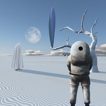 Visitors from another worlds. Astronaut and UFO in surreal desert