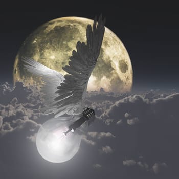 Winged light bulb in cloudy sky with full moon