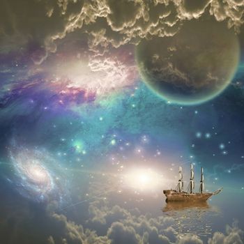 Sailing ship with full sails in fantastic space scene