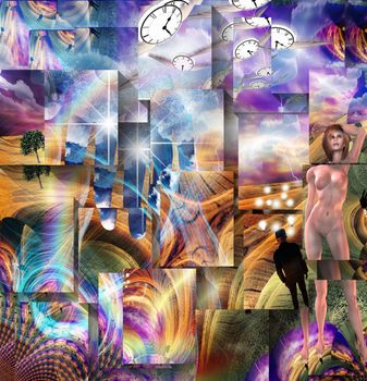 Modern digital art. Flow of time in surreal landscape