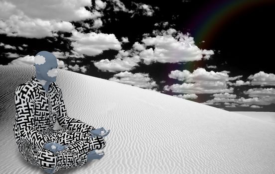 Surrealism. Figure of man in suit with maze pattern sits in lotus pose in white desert. Zen