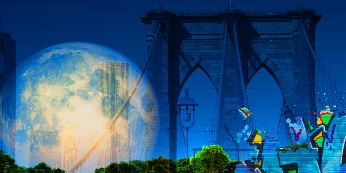 Modern art. Brooklyn bridge. Giant moon in the sky