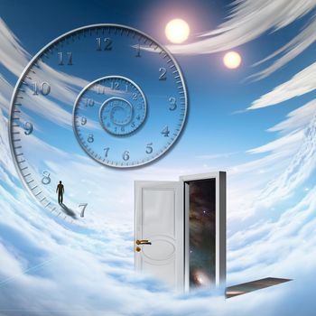 Surrealism. Spiral of time. Lonely man in a distance. Opened door to another dimension