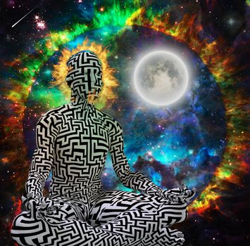 Spiritual modern art. Space Meditation. Maze man in lotus pose