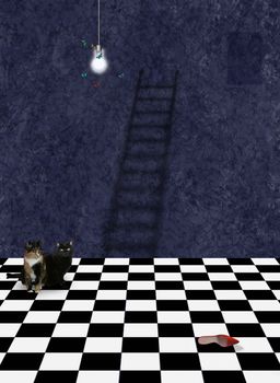 Modern surrealism. Cats in room with ladder and red shoe