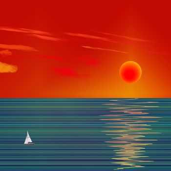 Red sunset over blue ocean
