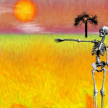 Skeleton and sunset. Symbolic art