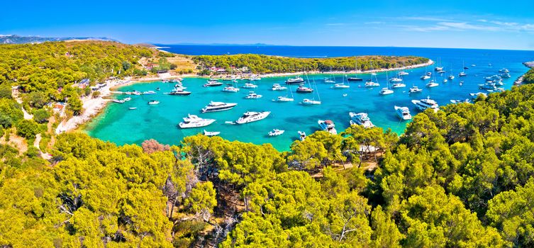 Aerial panoramic view of Palmizana, sailing cove and turquoise beach on Pakleni Otoci islands, archipelago of Hvar in Croatia