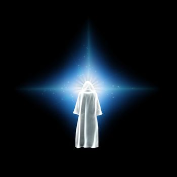 Surreal digital art. Figure of man in white cloak stands before bright star. Meeting with angel