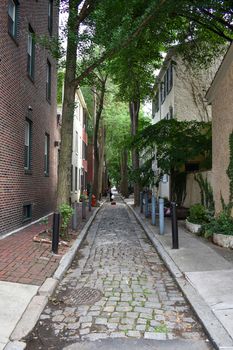 A Cobblestone Allway in the City of Philadelphia with Brick Buildings on Each Side