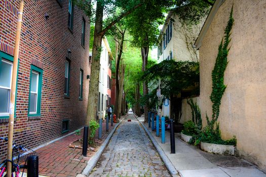 A Cobblestone Allway in the City of Philadelphia with Brick Buildings on Each Side