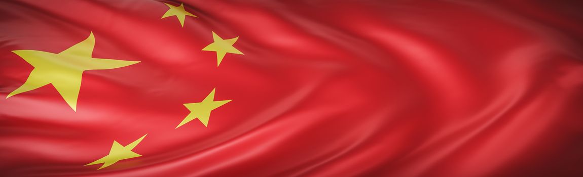 Beautiful China Flag Wave Close Up on banner background with copy space.,3d model and illustration.