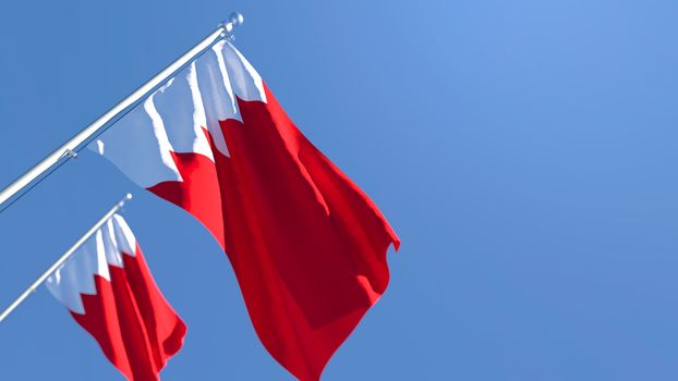 3D rendering of the national flag of Bahrain waving in the wind against a blue sky