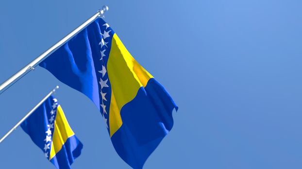 3D rendering of the national flag of Bosnia and Herzegovina waving in the wind against a blue sky