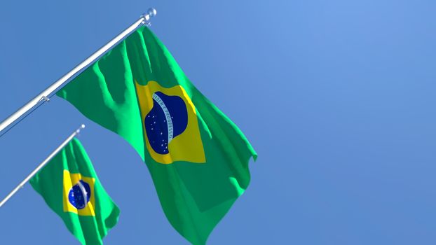 3D rendering of the national flag of Brazil waving in the wind against a blue sky