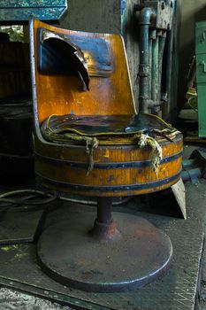 Vintage soviet factory wooden barrel style chair with destructed upholstery