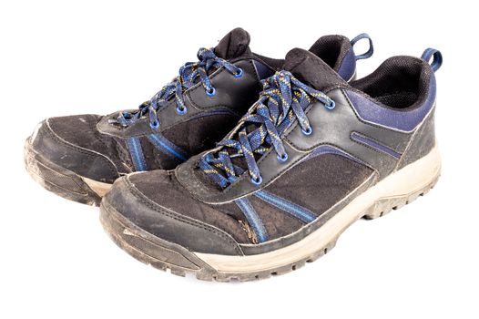 dirty used worn out black and blue outdoor empty clean lightweight waterproof sneakers isolated on white background