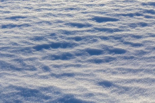 closeup snow field background with selective focus under direct sunlight