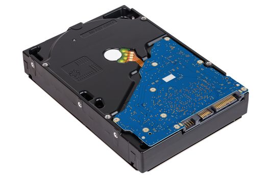 a modern high capacity 8 terabyte mechanical hard disk drive unit isolated on white background - in isometric diagonal composition, inverted, bottom up