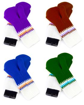 set of colored knited mittens with cellphone isolated on white background.