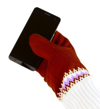 cellphone with white-red mittens isolated on white background.