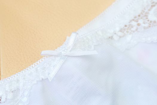 Lace on white womens bikini panties close-up. Soft texture of the fabric of women's underwear