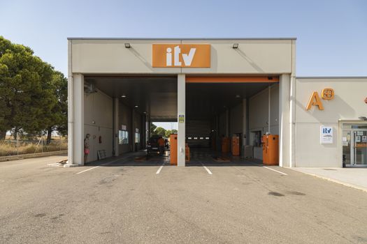 Gallur, Aragon, Zaragoza, Spain - July 27, 2020: Station number 5011 for Technical Vehicle Inspection (ITV). Gallur ITV station, Zaragoza province, in the Monte Blanco industrial estate.