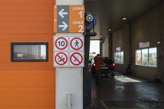 Gallur, Aragon, Zaragoza, Spain - July 27, 2020: Station number 5011 for Technical Vehicle Inspection (ITV). Gallur ITV station, Zaragoza province, in the Monte Blanco industrial estate.