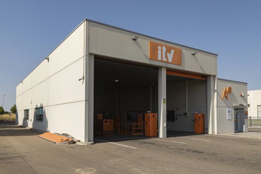 Gallur, Aragon, Zaragoza, Spain - July 27, 2020: Station number 5011 for Technical Vehicle Inspection (ITV). Gallur ITV station, Zaragoza province, in the Monte Blanco industrial estate.