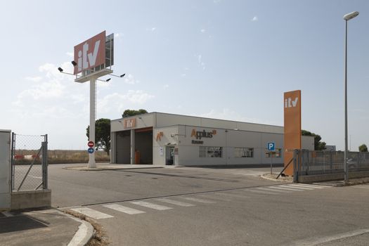 Gallur, Aragon, Zaragoza, Spain - July 27, 2020: Station number 5011 for Technical Vehicle Inspection (ITV). Gallur ITV station, Zaragoza province, in the Monte Blanco industrial estate.