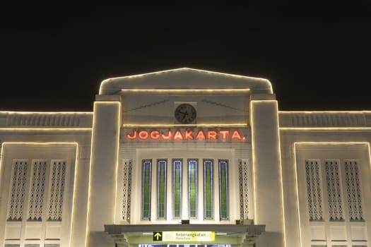 Jogjakarta, Special Region of Jogjakarta, Indonesia - July 16, 2019: Main side entrance to the ticket checking area of Jogjakarta central train station at night.