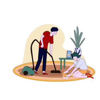 Father and son clean flat vacuuming with vacuumer cartoon illustration