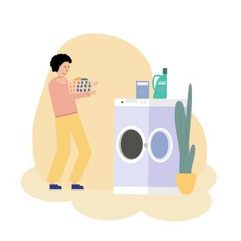 illustration of Boy doing laundry with washing machine.