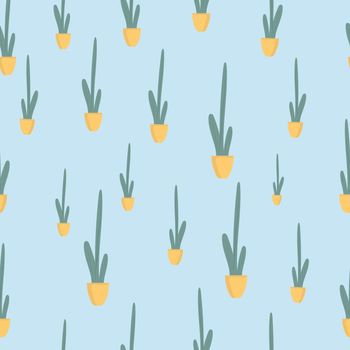 Seamless patternt Houseplant in ceramic pot flat illustration. Evergreen plant isolated on blue background