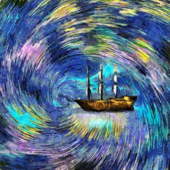 Sailboat in colorful vortex. Digital painting