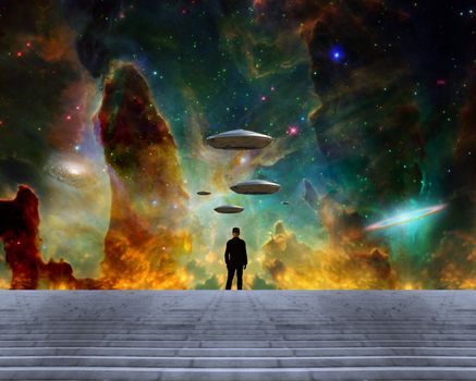 Man observes UFO fleet in vivid sky. Colorful nebula