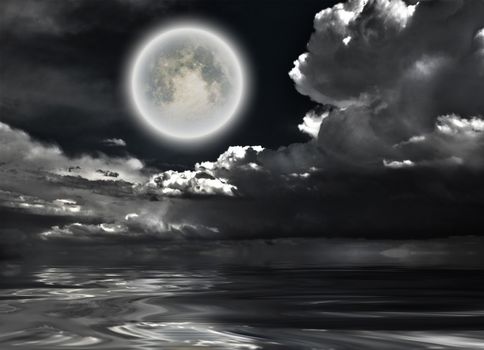 Full moon. Dramatic clouds reflected in calm water. 3D rendering