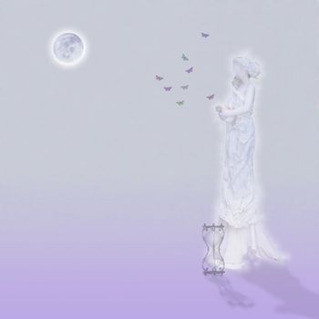 Woman`s marble statue and butterflies. Glowing moon and hourglass