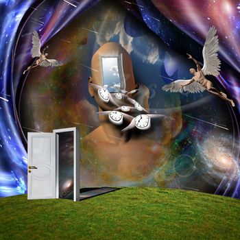 Surrealism. Man's head with opened door to another world. Man with wings represents angel. Winged clocks symbolizes flow of time. 3D rendering