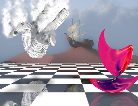 Surreal composition. Pink matter on chessboard, ancient ship on sand dune and falling paper man. Subconscious Dreams. Full moon. Dramatic clouds reflected in calm water. 3D rendering