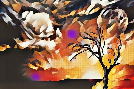 Abstract painting. Lonely tree, full moon in cloudy sky. Watercolor