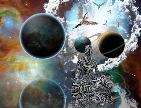 Surreal composition. Man with maze pattern in lotus pose. Angels comes from another dimensions. Universe Balance of Life. 3D rendering