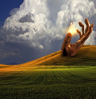 Surreal Landscape with giant sculptures and fire
