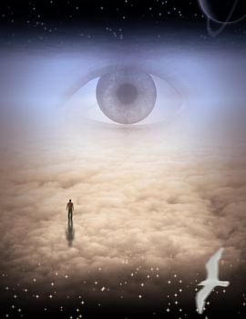 Journey of the Soul. Man in clouds, eye of God in the sky