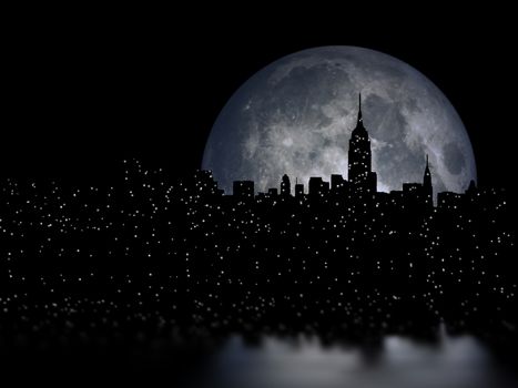 Full moon over night city. 3D rendering