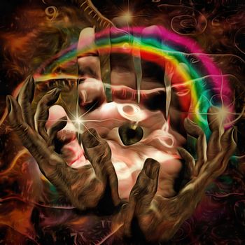 Prayer. Surreal painting. Hands prays to the God's eye. Rainbow and spirals of time on a background