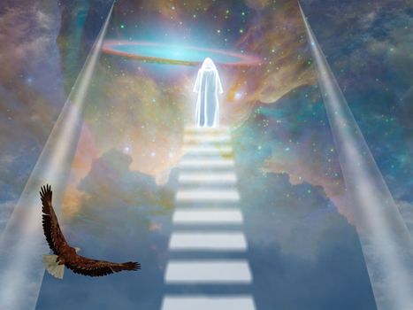 A cloaked figure in heavens. Colorful nebulae and eagle